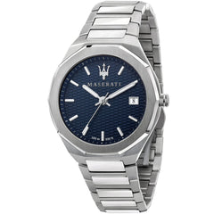Maserati Stile R8853142006 men's quartz battery watch with blue waffle-textured dial, octagonal bezel, silver-tone case and integrated stainless steel bracelet main view