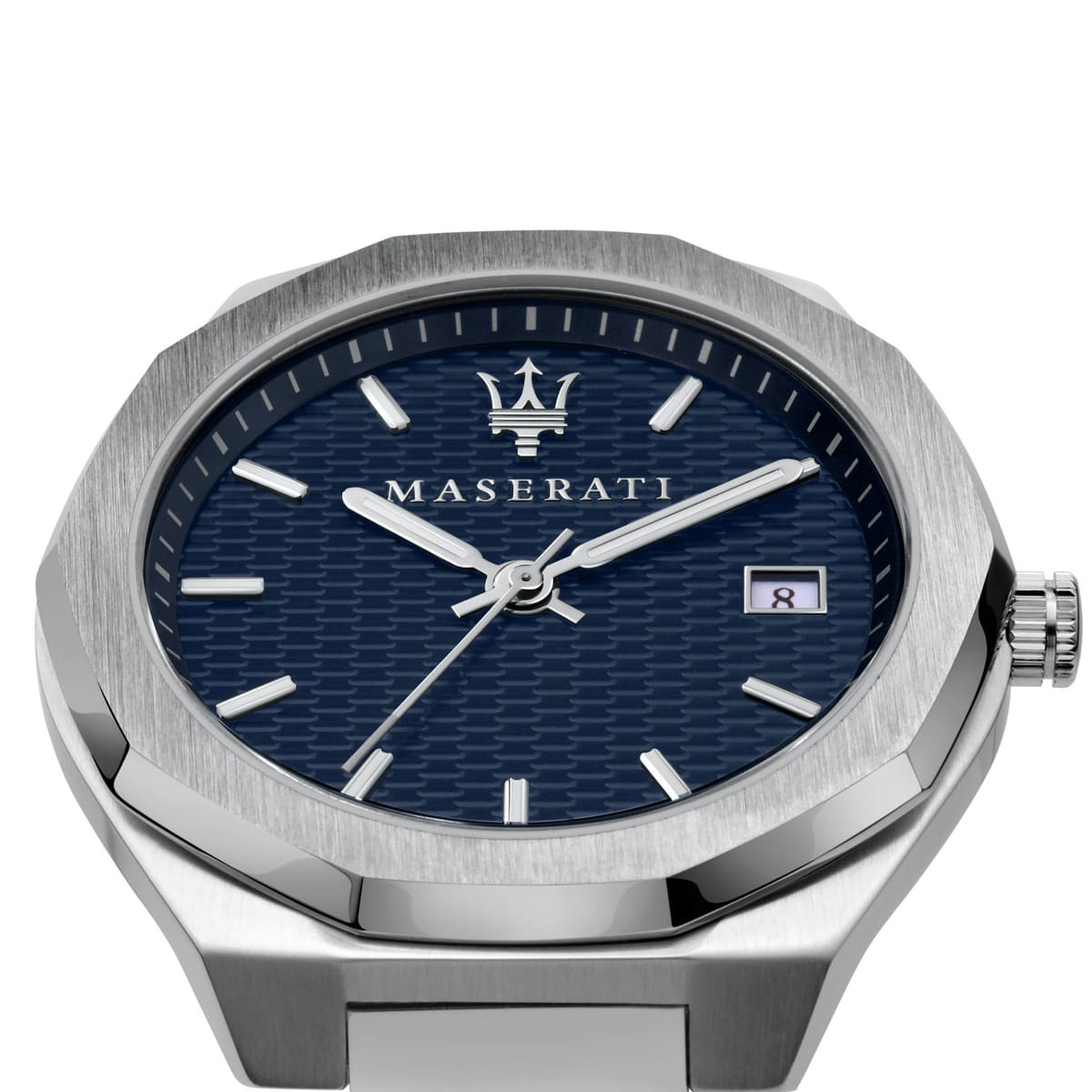 Maserati watch with blue dial and silver case on a white background