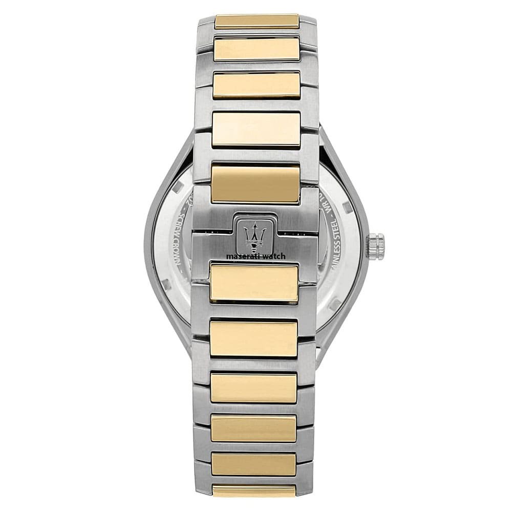 Two-tone hidden butterfly clasp on Maserati Stile R8853142008 men's quartz battery silver and gold integrated bracelet watch