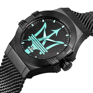 Left angled view of Maserati Potenza R8853144002 men's quartz battery watch showing black mesh strap and black-tone case profile