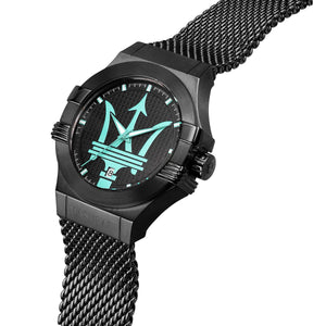 Right angled view of Maserati Potenza R8853144002 men's quartz battery watch highlighting black finish and Tiffany Blue details