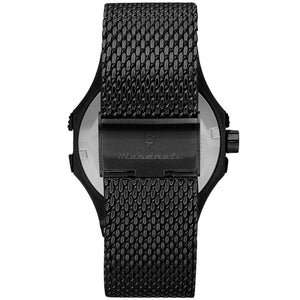 Black-tone sliding buckle on Maserati Potenza R8853144002 men's quartz battery metal mesh strap watch
