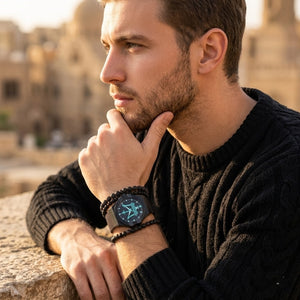 Elegant man wearing Maserati Potenza R8853144002 men's quartz battery watch with black case and luxury Tiffany Blue dial