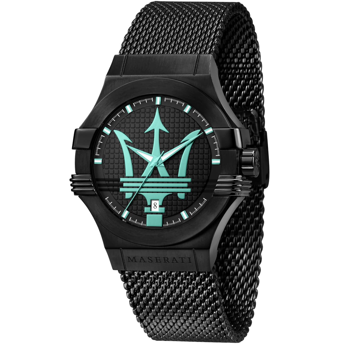 Maserati Potenza R8853144002 men's quartz battery watch with black waffle dial, Tiffany Blue Trident logo, black-tone case, black mesh strap main view