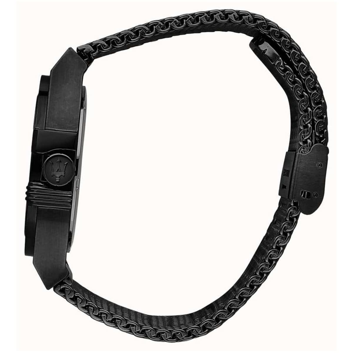 Side profile of Maserati Potenza R8853144002 men's quartz battery watch showing 11mm thickness and black finish