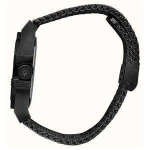 Side profile of Maserati Potenza R8853144002 men's quartz battery watch showing 11mm thickness and black finish