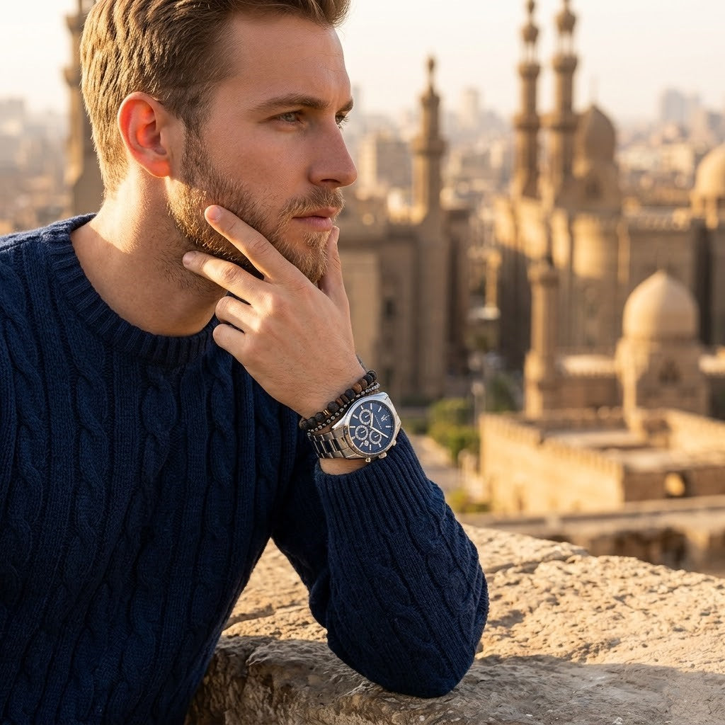 Elegant man wearing Maserati Attrazione R8853151005 men's quartz battery watch with silver-tone case and luxury blue dial