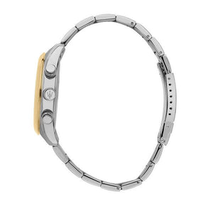 Right angled view of Maserati Attrazione R8853151008 men's quartz battery watch highlighting gold-tone bezel and chronograph details