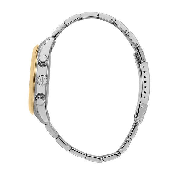 Right angled view of Maserati Attrazione R8853151008 men's quartz battery watch highlighting gold-tone bezel and chronograph details