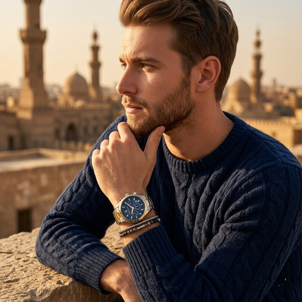 Elegant man wearing Maserati Attrazione R8853151008 men's quartz battery watch with two-tone case and luxury blue dial