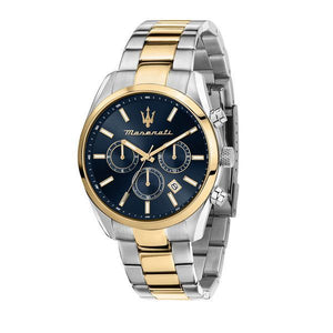 Maserati Attrazione R8853151008 men's quartz battery watch with navy blue sunray dial, silver and gold-tone case, two-tone stainless steel bracelet main view