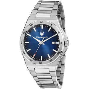 Front view of Maserati Velocità R8853153001 men's watch with blue textured dial and silver stainless steel bracelet.