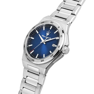 A Maserati stainless steel watch with a blue sunburst dial, featuring silver-tone metal case and link bracelet, set against a plain white background.