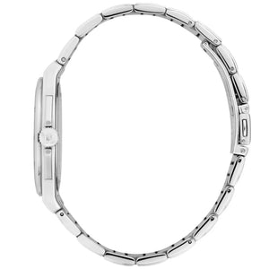 Silver stainless steel watch band with a polished link design, shown from a side profile view on a white background.