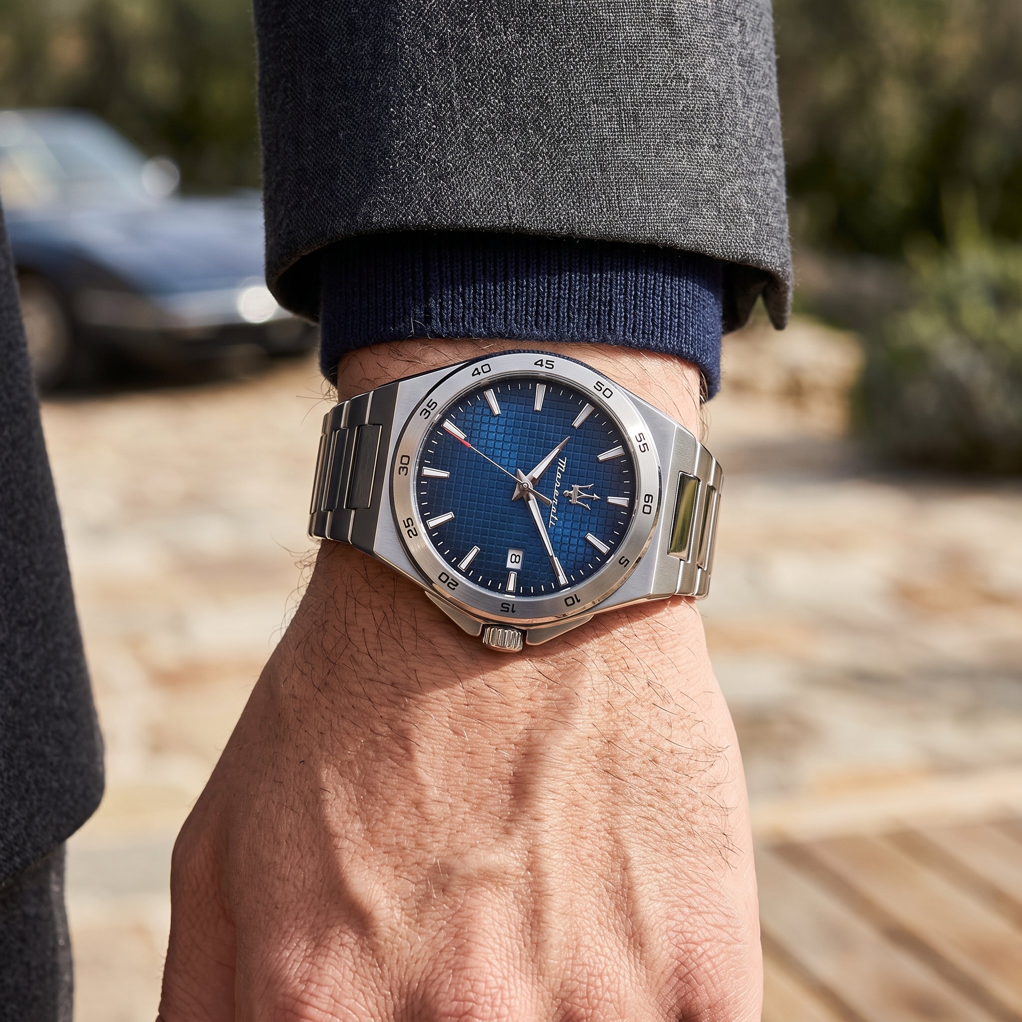 Live wrist shot of the Maserati Velocità R8853153001 men's watch with stainless steel bracelet.