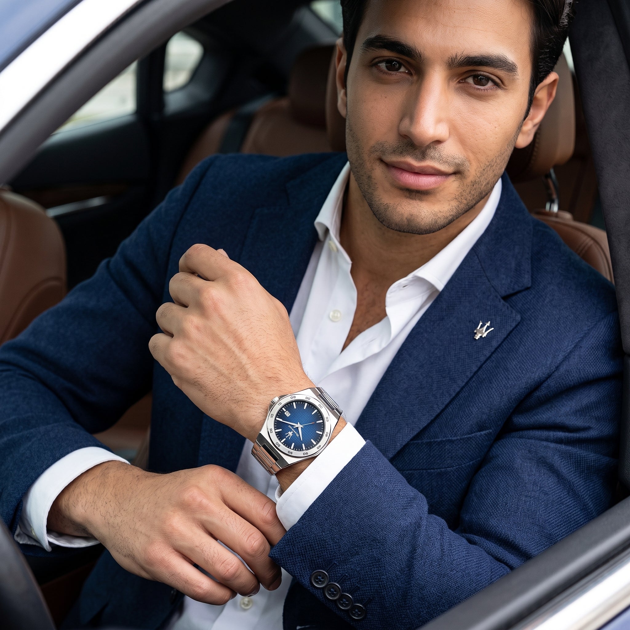 Lifestyle luxury shot featuring the Maserati Velocità R8853153001 men's watch.
