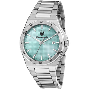 Front view of Maserati Velocità Slim R8853153002 men's watch with turquoise textured dial and silver stainless steel bracelet.