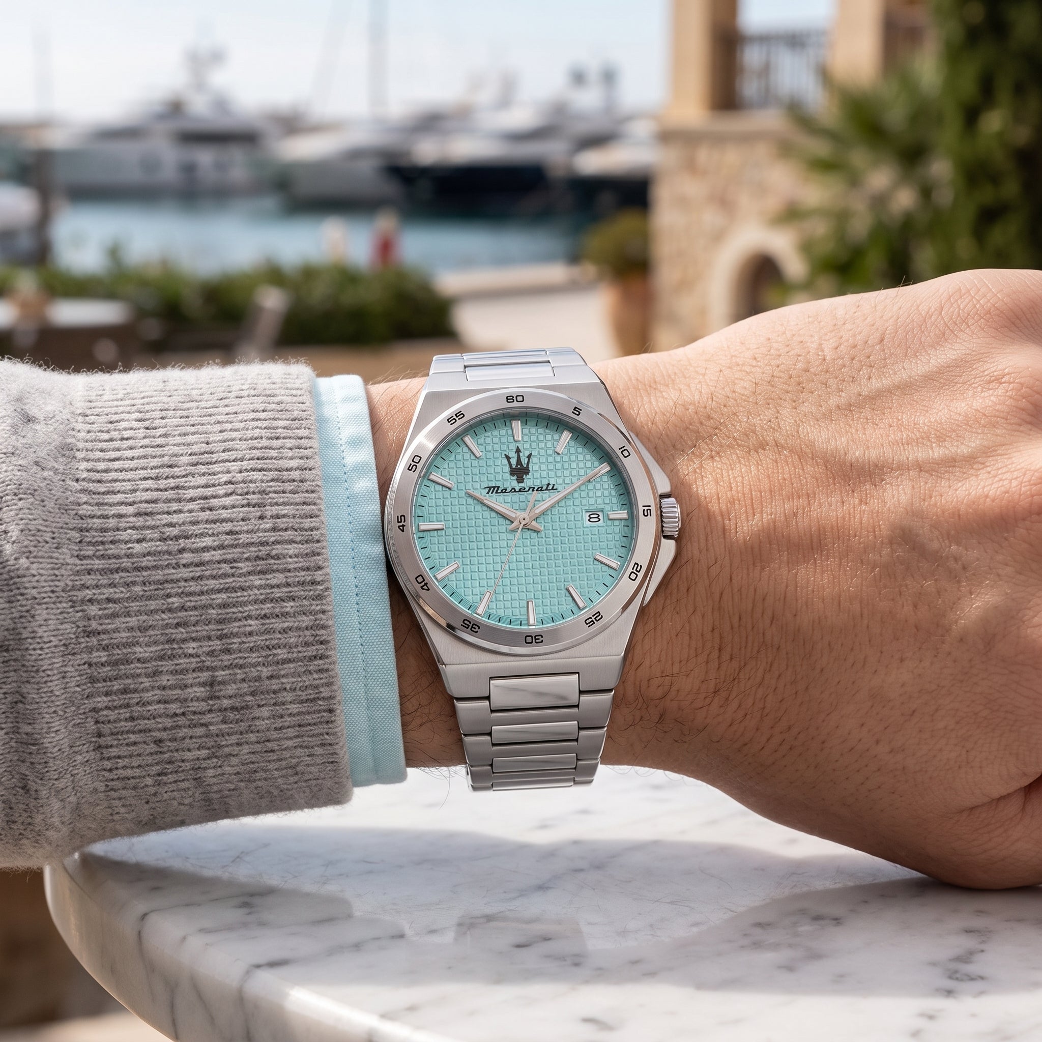 Live wrist shot of the Maserati Velocità Slim R8853153002 men's watch with stainless steel bracelet.