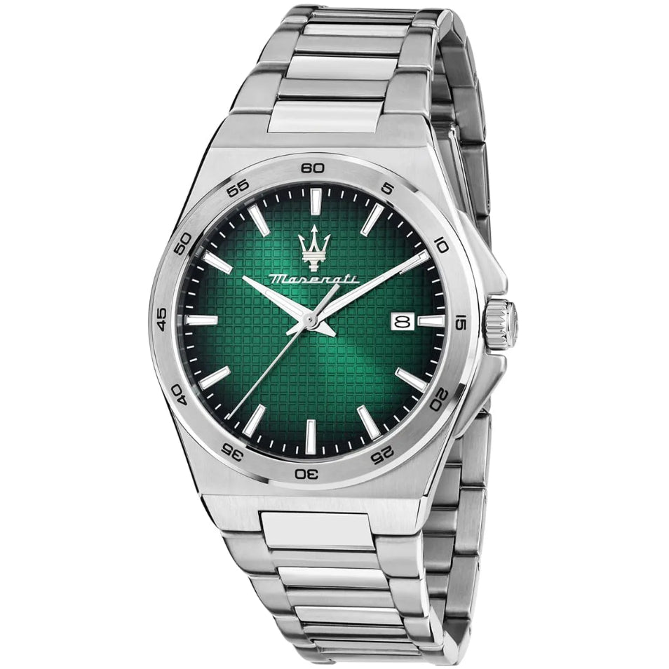 Front view of Maserati Velocità Slim R8853153003 men's watch with green textured dial and silver stainless steel bracelet.