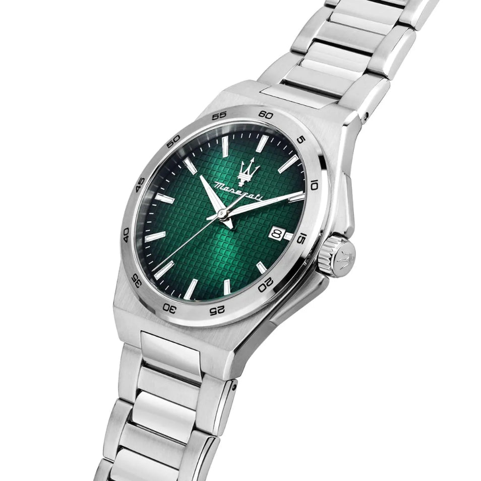 A Maserati stainless steel watch with a textured green dial, silver-tone case, and matching metal link bracelet, shown on a clean white background.