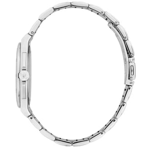 Silver stainless steel watch band with a polished finish, shown from the side profile against a solid white background.