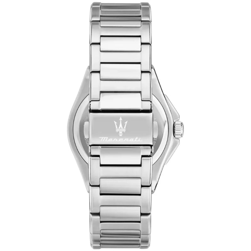 Silver stainless steel watch with a metal link bracelet and a polished case, featuring the Maserati trident logo and brand name engraved on the clasp.