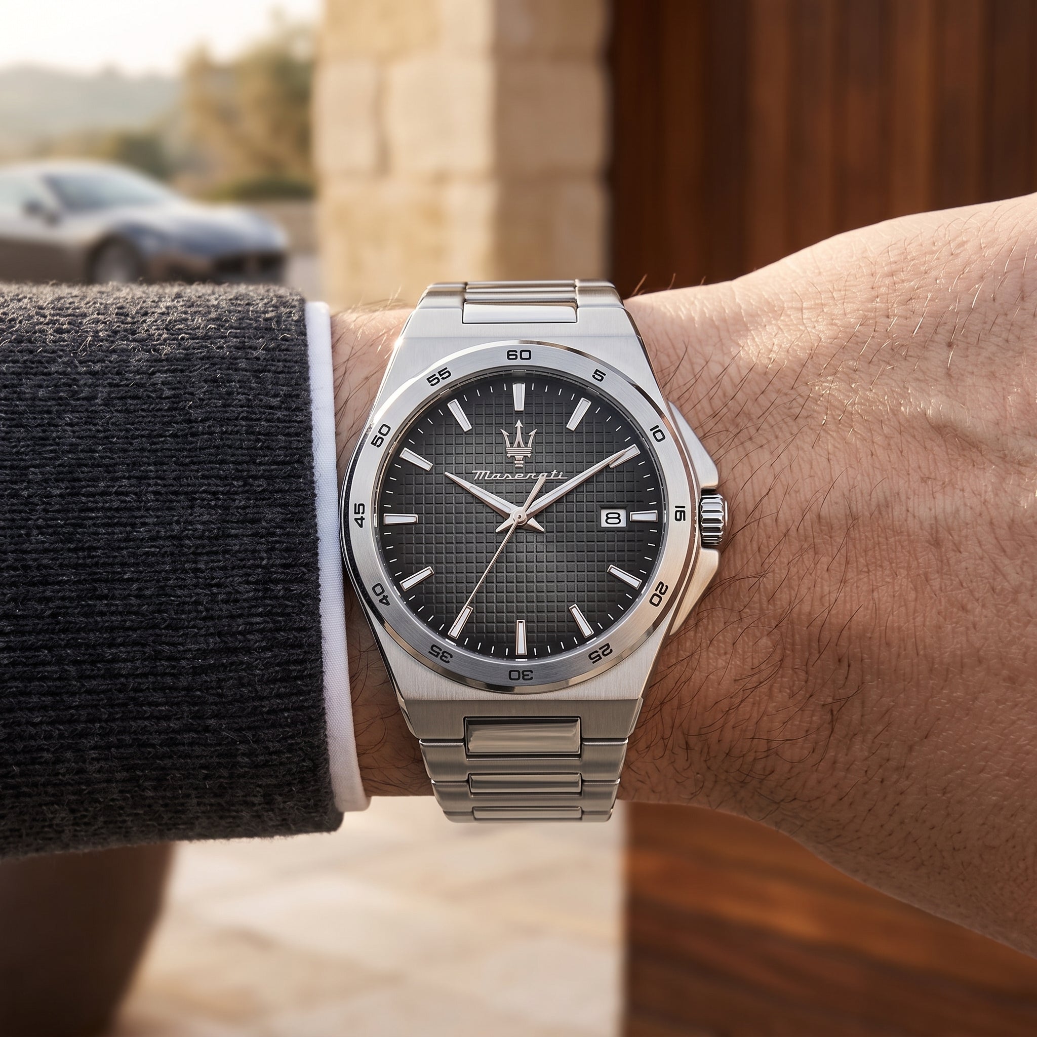 Live wrist shot of the Maserati Velocità Slim R8853153004 men's watch with stainless steel bracelet.