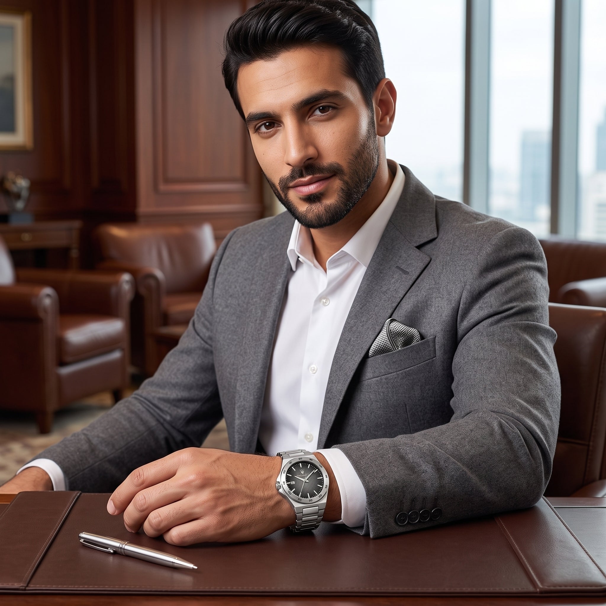 Lifestyle luxury shot featuring the Maserati Velocità Slim R8853153004 men's watch.