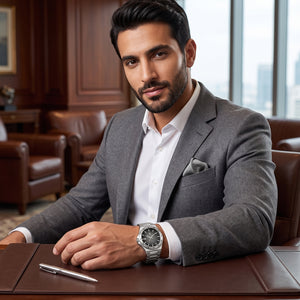Lifestyle luxury shot featuring the Maserati Velocità Slim R8853153004 men's watch.