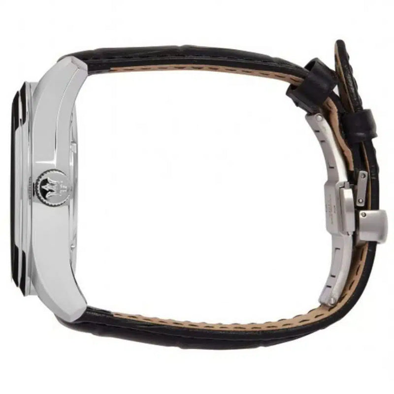 Watch with black leather strap and silver case on a white background