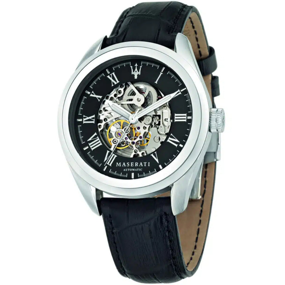 Front view of Maserati Traguardo R8871612001 men's automatic watch with black skeleton dial and black leather strap.