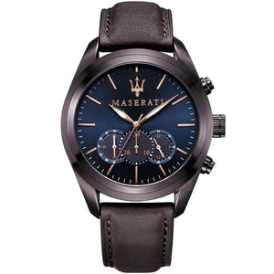 Maserati watch with black leather strap and blue dial on a white background