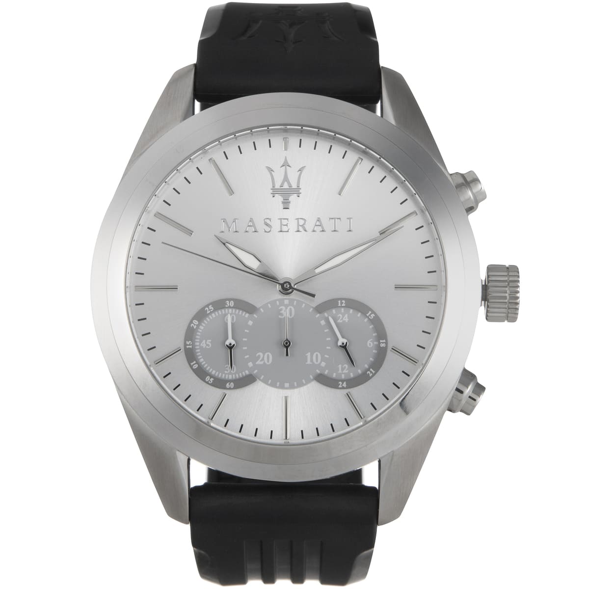 Maserati Traguardo R8871612012 men's watch with silver case, silver dial, and black rubber strap with logo