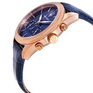 Left angled view of Maserati Traguardo R8871612015 men's quartz battery watch showing blue leather strap and rose gold-tone case profile