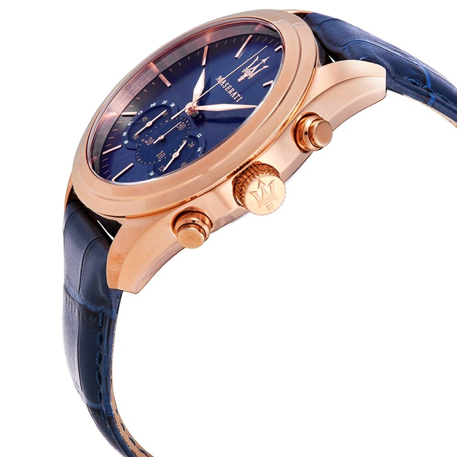 Left angled view of Maserati Traguardo R8871612015 men's quartz battery watch showing blue leather strap and rose gold-tone case profile