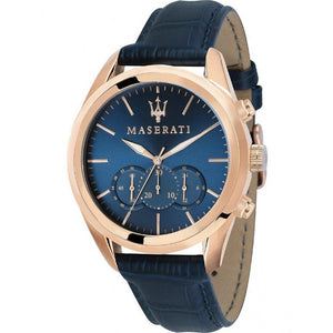 Right angled view of Maserati Traguardo R8871612015 men's quartz battery watch highlighting rose gold finish and chronograph details