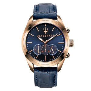 Maserati Traguardo R8871612015 men's quartz battery watch with blue dial, rose gold-tone case, blue leather strap main view