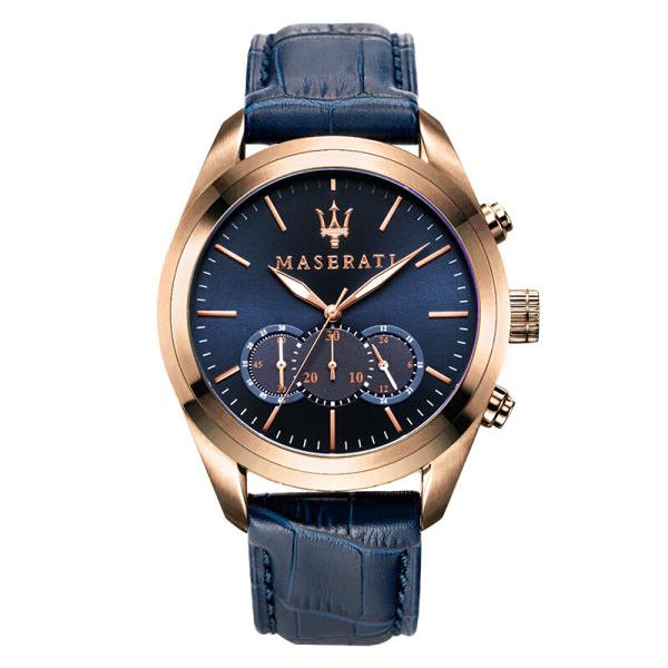 Maserati Traguardo R8871612015 men's quartz battery watch with blue dial, rose gold-tone case, blue leather strap main view