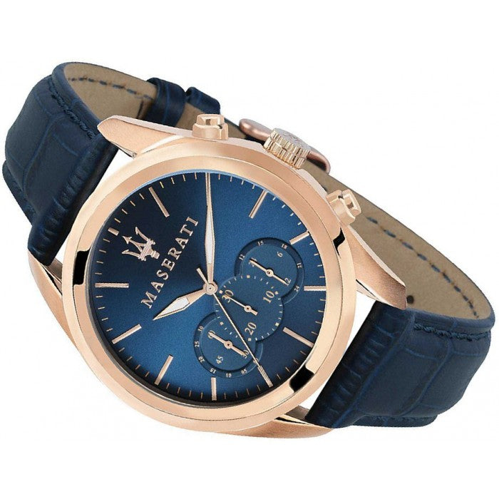 Side profile of Maserati Traguardo R8871612015 men's quartz battery watch showing 12mm thickness and rose gold finish