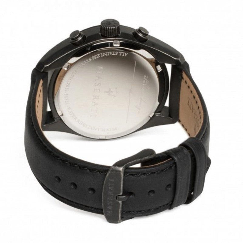 Caseback of Maserati Traguardo R8871612019 men's quartz battery watch showing technical specs 100m water resistance and leather strap
