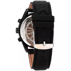 Black-tone buckle clasp on Maserati Traguardo R8871612019 men's quartz battery black leather strap watch
