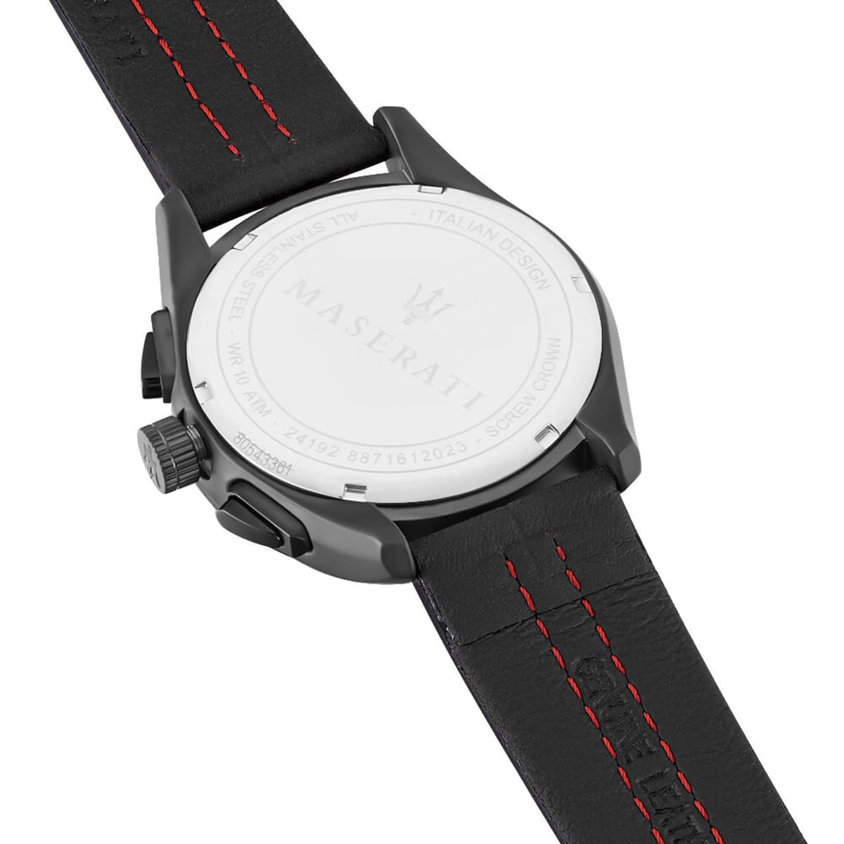 Back view of the Maserati R8871612023 watch showing the stainless steel caseback and technical racing specs