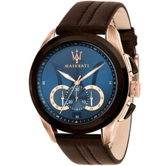 Maserati Traguardo R8871612024 men's watch featuring rose gold case, blue chronograph dial, and brown leather strap