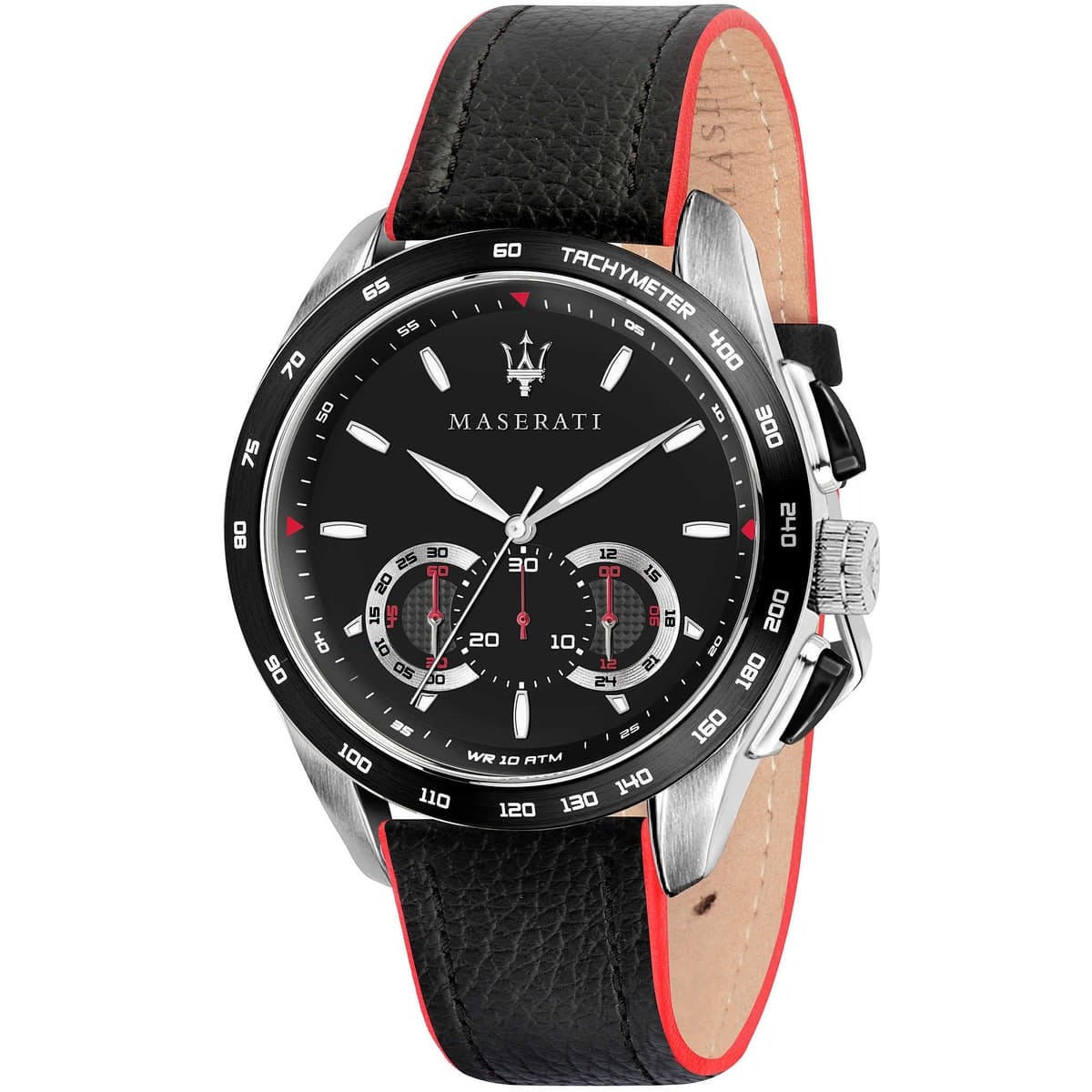 Maserati Traguardo R8871612028 men's watch with silver case and black leather strap with red edges