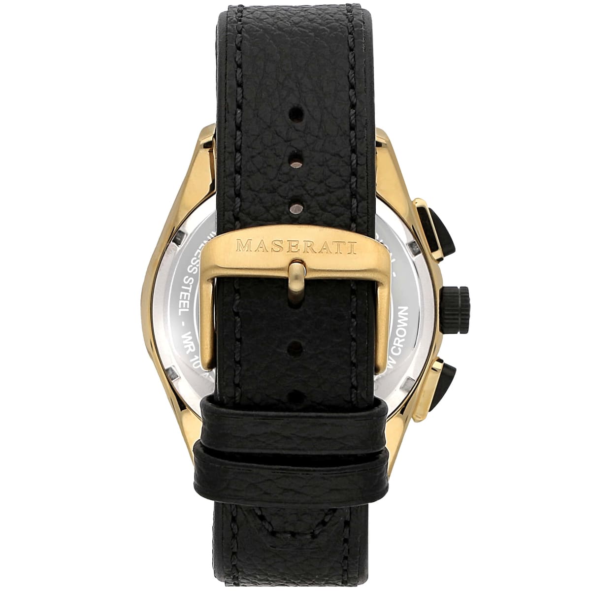 Caseback of Maserati Traguardo R8871612033 men's quartz battery watch showing technical specs 100m water resistance and leather strap