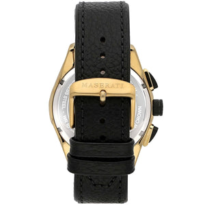 Caseback of Maserati Traguardo R8871612033 men's quartz battery watch showing technical specs 100m water resistance and leather strap