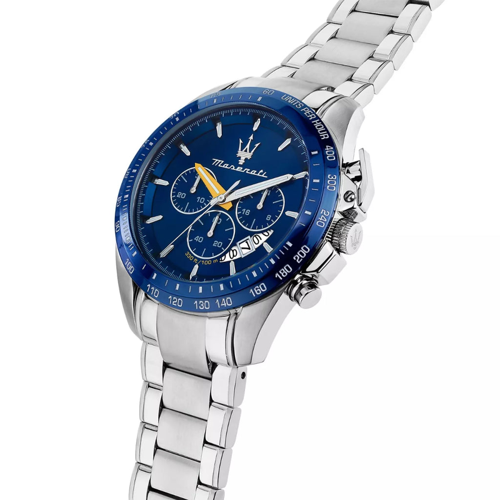 Left angled view of Maserati Traguardo R8871612039 men's quartz battery watch showing silver stainless steel bracelet and case profile