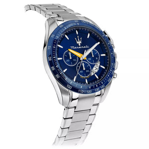 Right angled view of Maserati Traguardo R8871612039 men's quartz battery watch highlighting blue tachymeter bezel and chronograph details