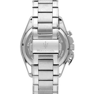 Caseback of Maserati Traguardo R8871612039 men's quartz battery watch showing technical specs 100m water resistance and metal bracelet