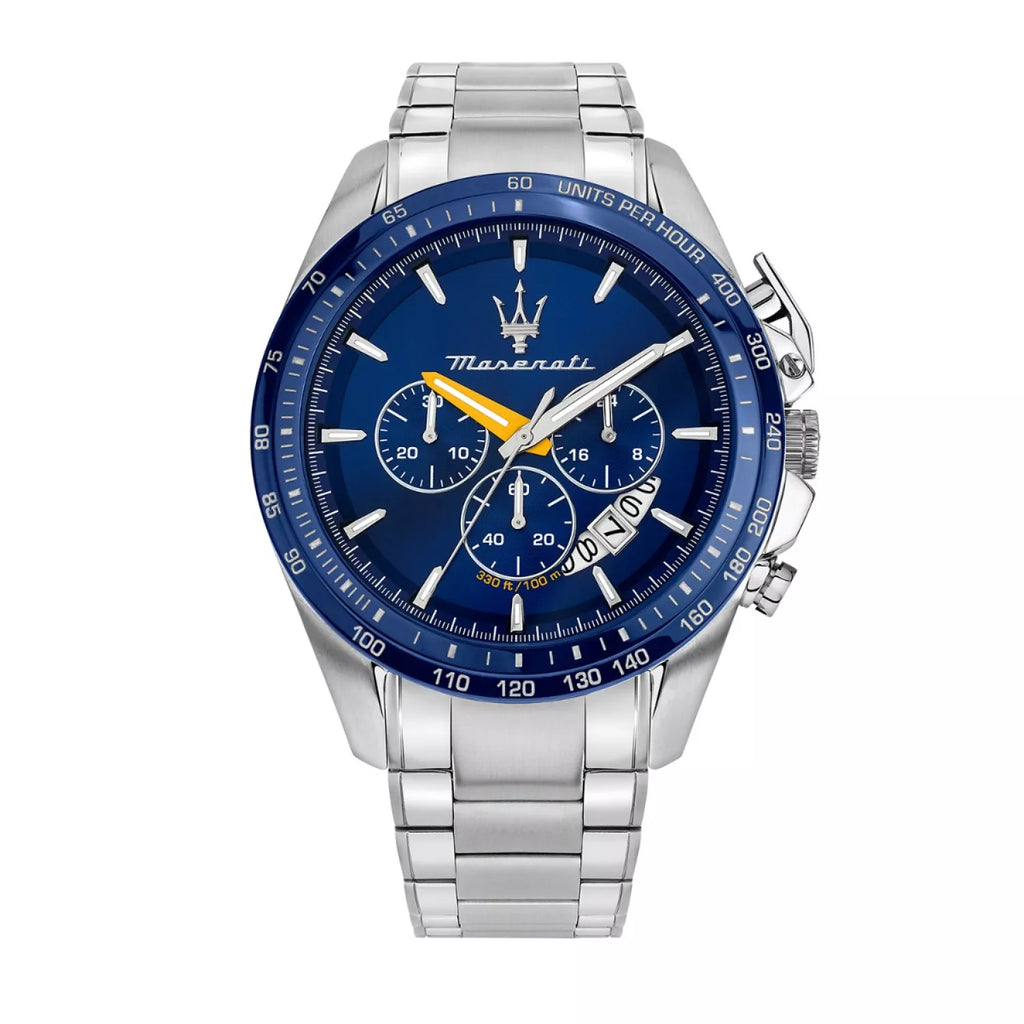 Maserati Traguardo R8871612039 men's quartz battery watch with blue dial, silver-tone case, blue bezel, silver stainless steel bracelet main view